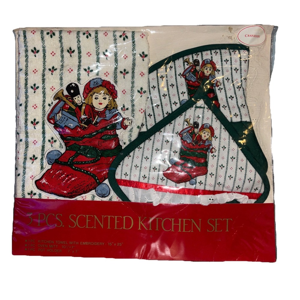 Vtg 3 Pc Cranberry Scented Kitchen Set Towel Oven‎ Mitt Pot Holder New Old Stock